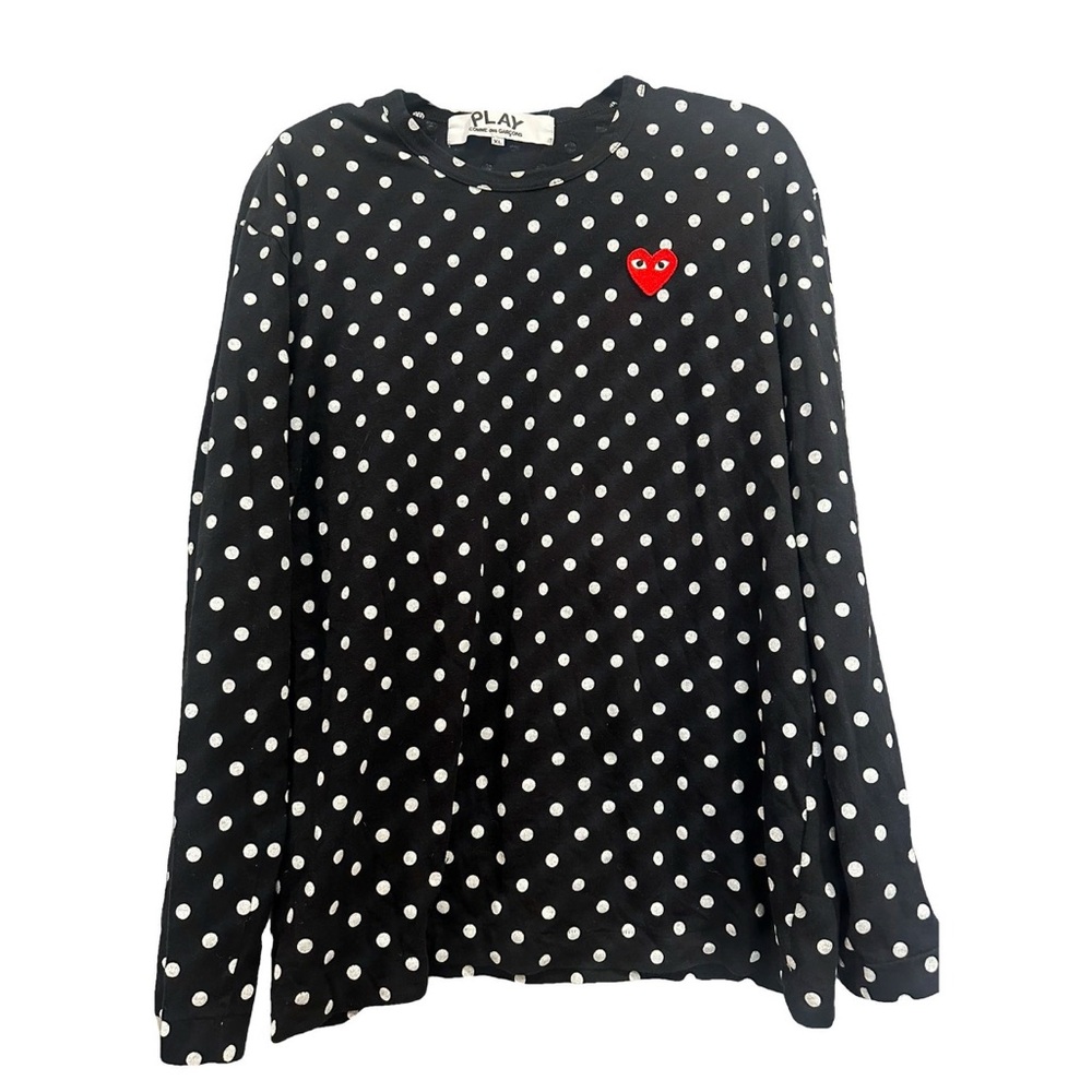 Comme Des Garcons Top Unisex XL Black White Polka Dot Shirt Red Heart Logo
